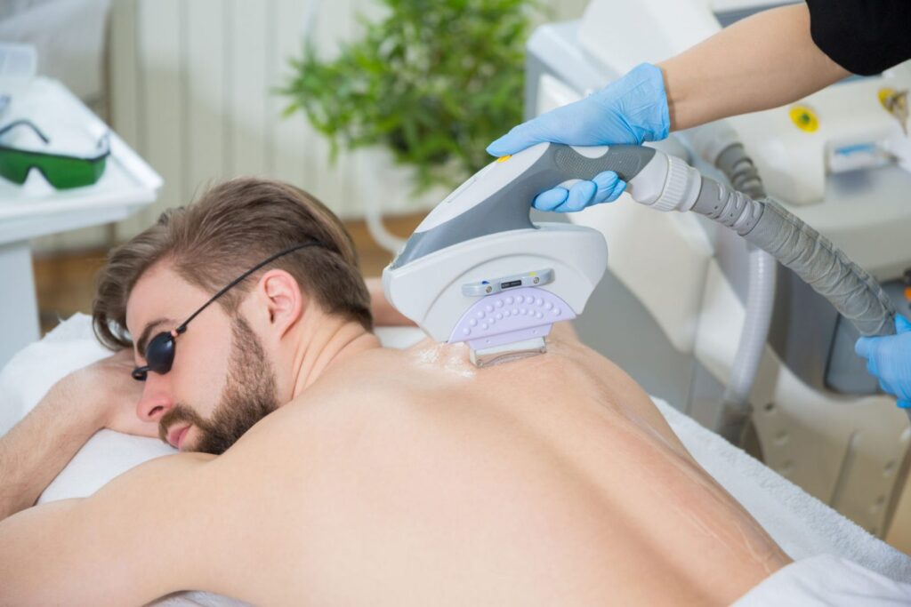 Laser depilation showcasing a male model going through procedure of laser depilation