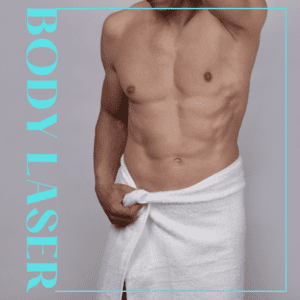 Body laser text on design showcasing a male model after body laser procedure