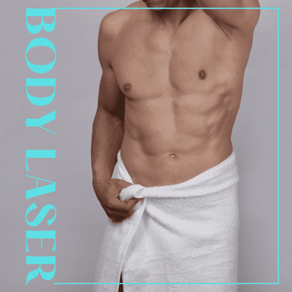 Body laser text on design showcasing a male model after body laser procedure