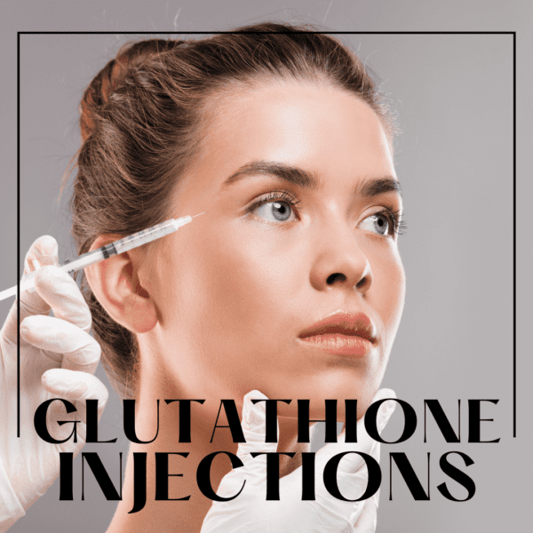 Glutathione Injections where a female model is being showcased who is going through the procedure along with text in design mentioning Glutathione Injections in black colour text