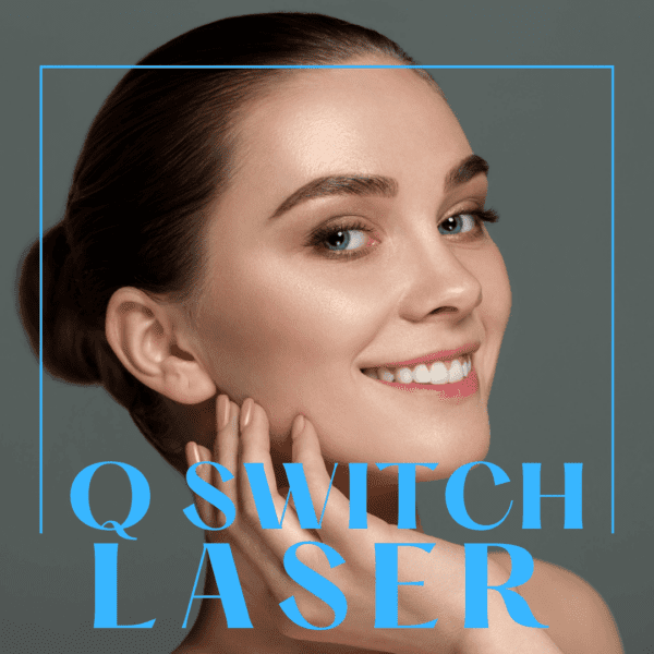 Q switch laser page showcasing a female model after the procedure