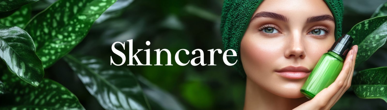 Refreshing Skincare Concept - Woman Applying Products with Green "Skincare" Text Sign, Relaxing Beauty Routine Background for Advertising